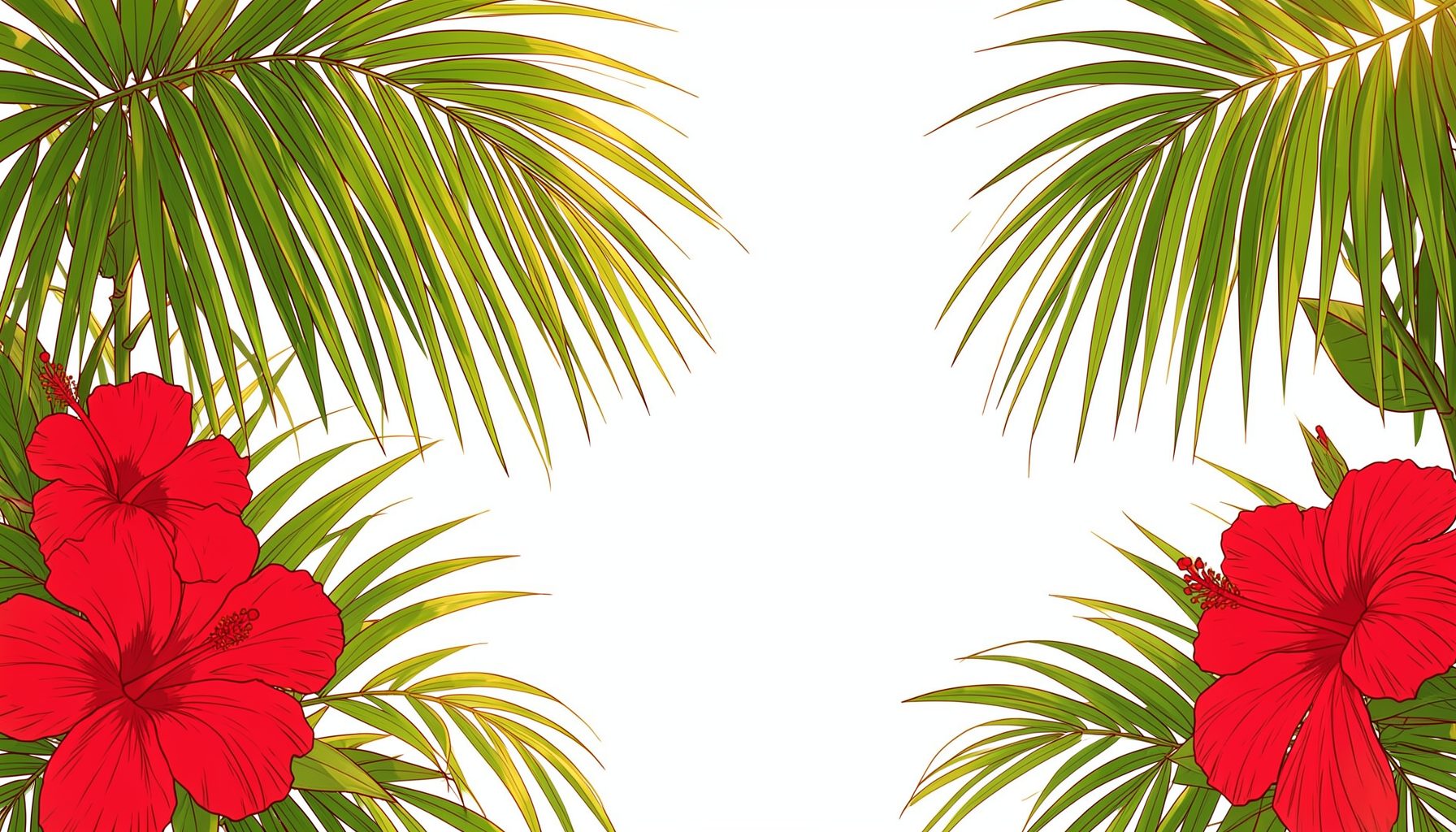 A warm tropical scene with rich green palm fronds and deep red hibiscus blossoms framing a soft, sunlit backdrop