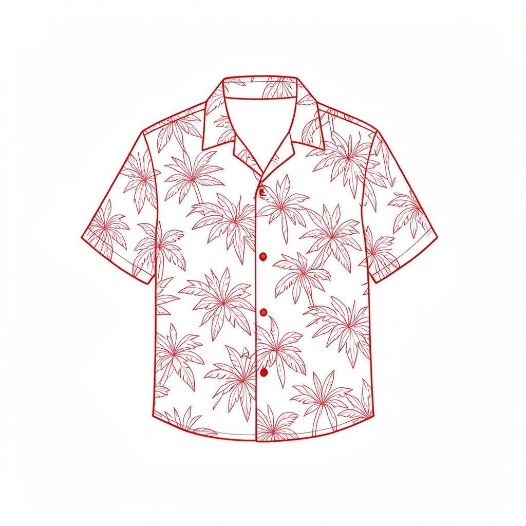 A minimal line drawing of a Hawaiian wedding shirt with a classic collar and subtle tropical print, shown on a plain light background