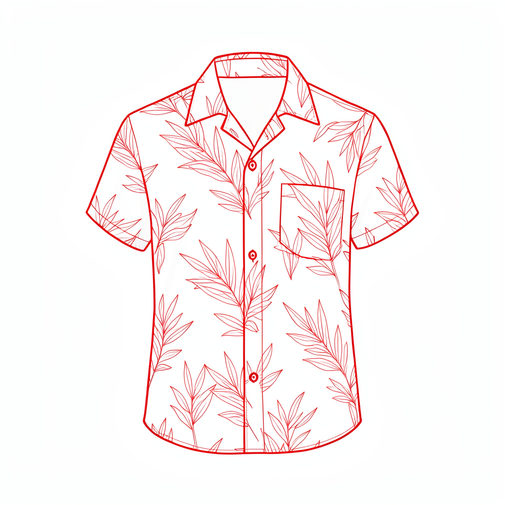 A minimal line drawing of a poly-cotton blend Hawaiian shirt with a neat collar and subtle leaf print