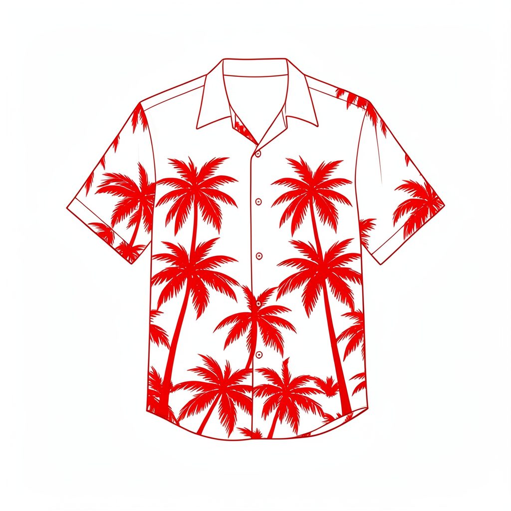 A minimal line drawing of a rayon Hawaiian shirt with a relaxed fit and bold tropical motif