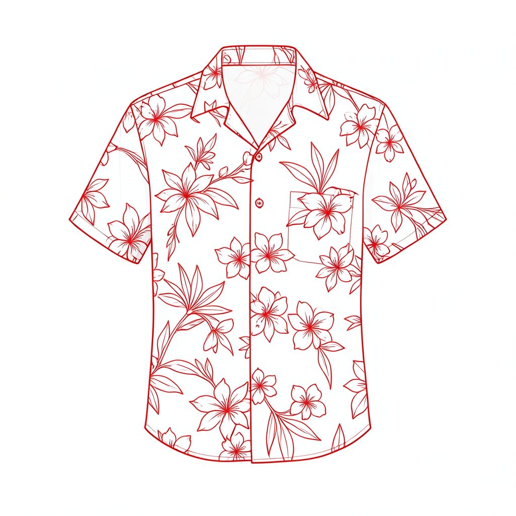 A minimal line drawing of a silk Hawaiian shirt with a soft drape and understated floral pattern
