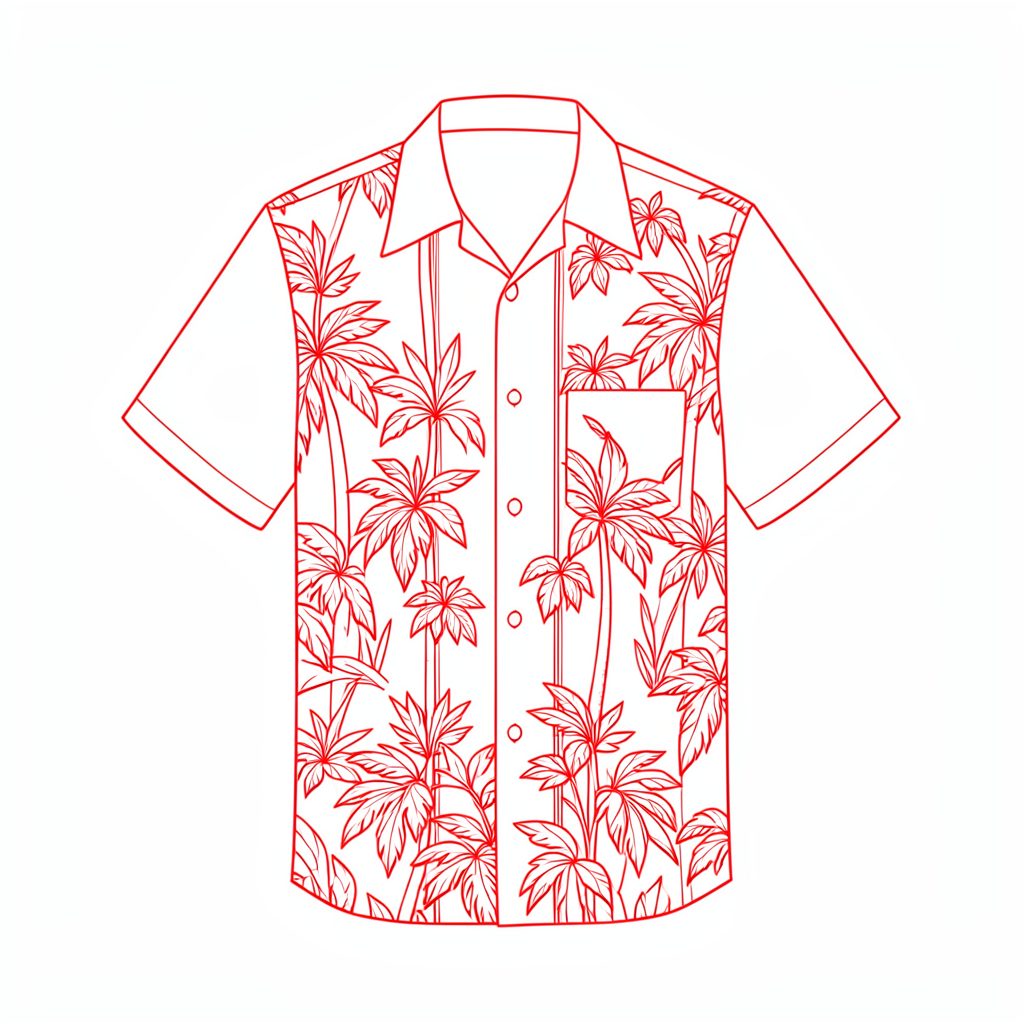 A minimal line drawing of a panel-design Hawaiian shirt with a vertical print layout and clean lines
