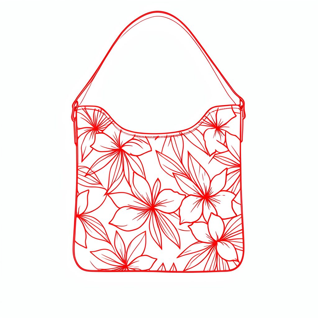 A minimal line drawing of a canvas Hawaiian shoulder bag with a bold tropical floral print, shown against a plain light background
