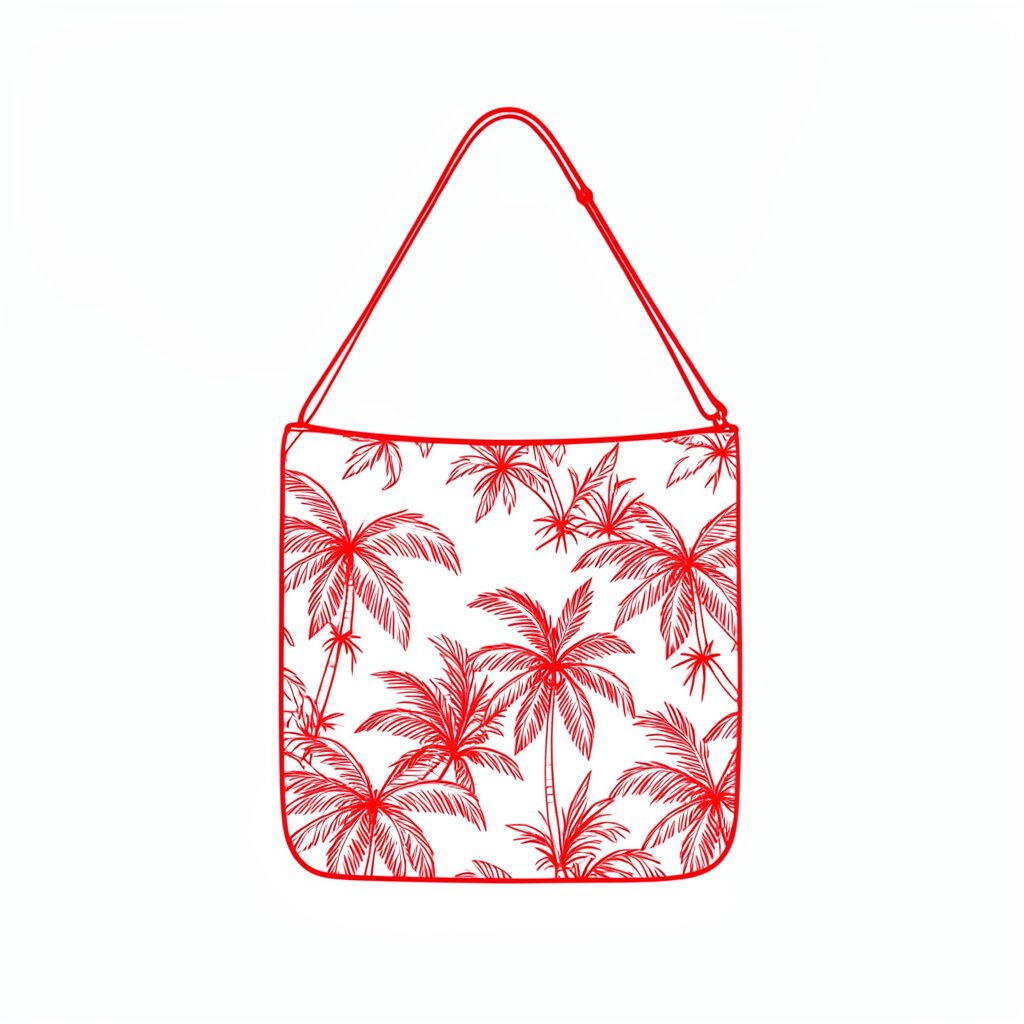 A minimal line drawing of a simple canvas shoulder bag with a Hawaiian print, shown against a plain light background