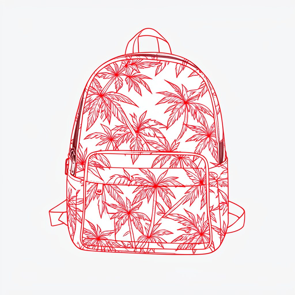 A minimal line drawing of a small Hawaiian-print canvas backpack, shown against a plain light background
