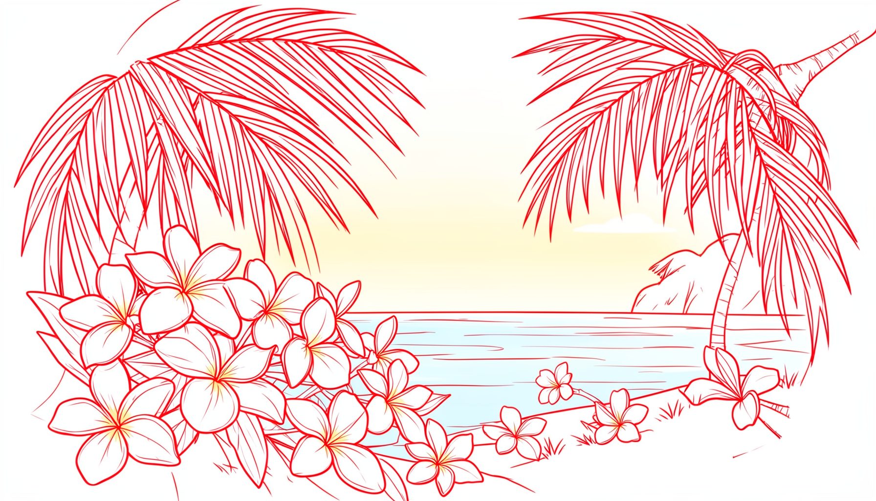 A warm tropical scene with plumeria flowers, palm fronds, and soft ocean blues blending into a golden sunset sky