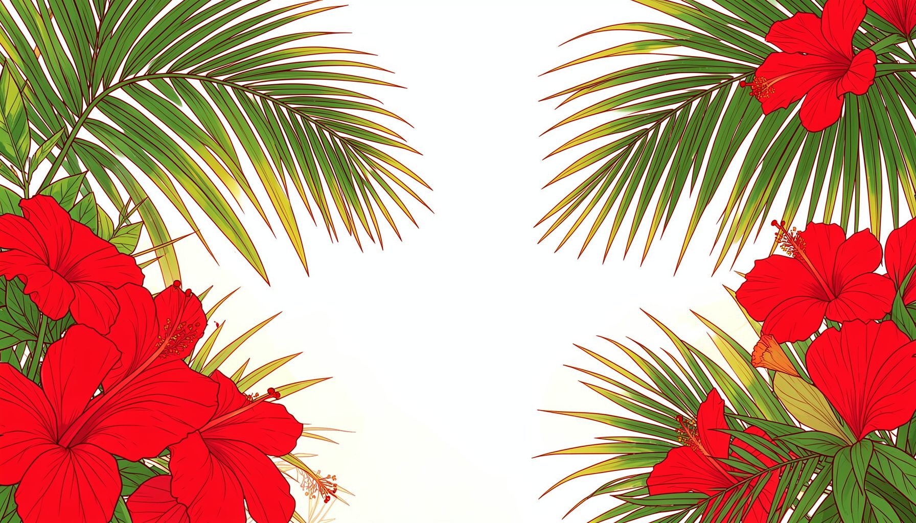 A warm tropical scene with rich green palm fronds and deep red hibiscus blossoms framing a soft, sunlit backdrop