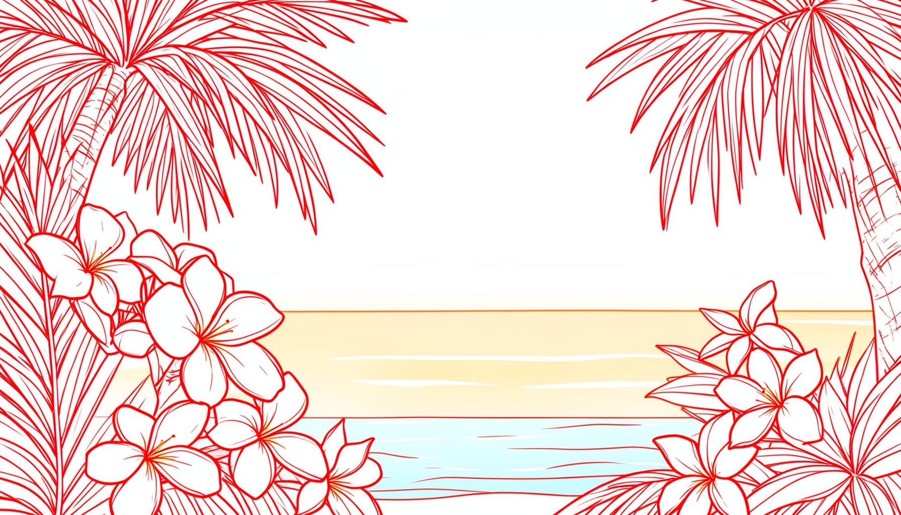 A warm tropical scene with plumeria flowers, palm fronds, and soft ocean blues blending into a golden sunset sky, evoking the spirit of Hawaii