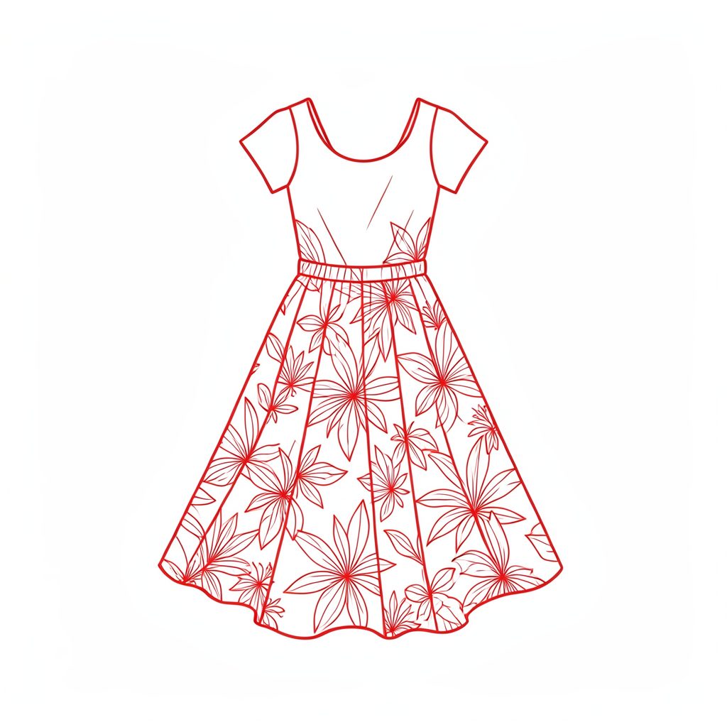 A minimal line drawing of a girl's Hawaiian halau dress with a flowing skirt and tropical print pattern, shown on a light background
