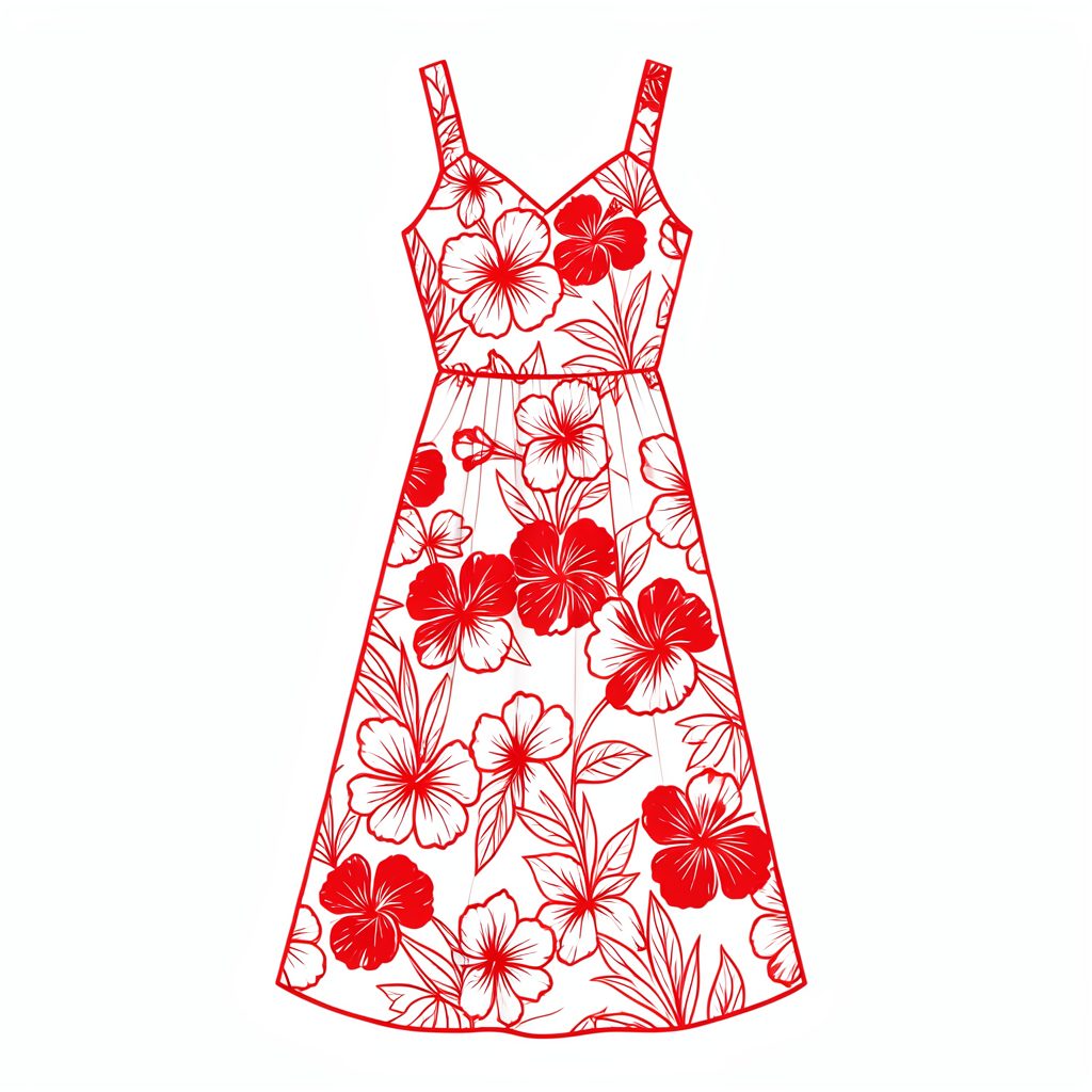 A woman wearing an elegant Hawaiian hibiscus print dress in warm sunset tones, standing outdoors with tropical foliage behind her