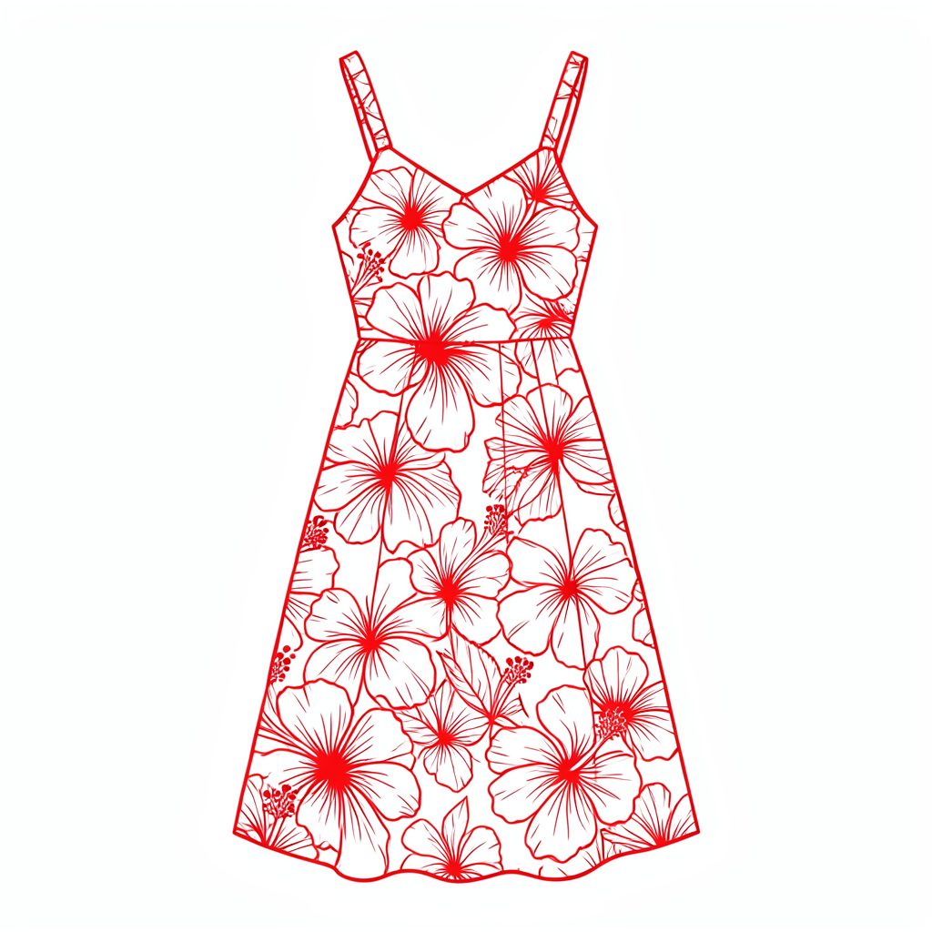 A woman in a bright Hawaiian sun dress with a bold floral pattern, smiling in natural daylight