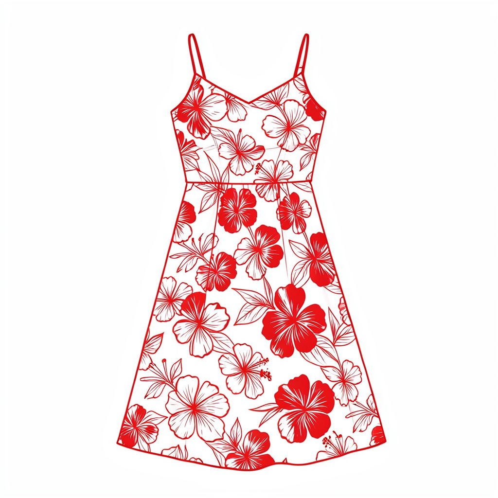 A woman in a Hawaiian classic sun dress featuring a hibiscus panel design, set against a warm tropical backdrop