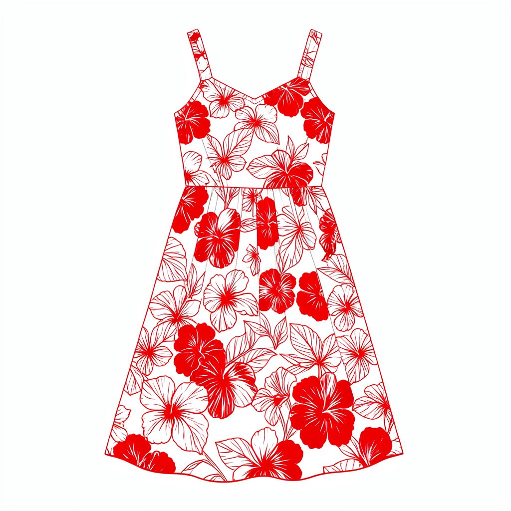 A woman wearing a Hawaiian smock dress with a vibrant island print, accessorized with a flower lei