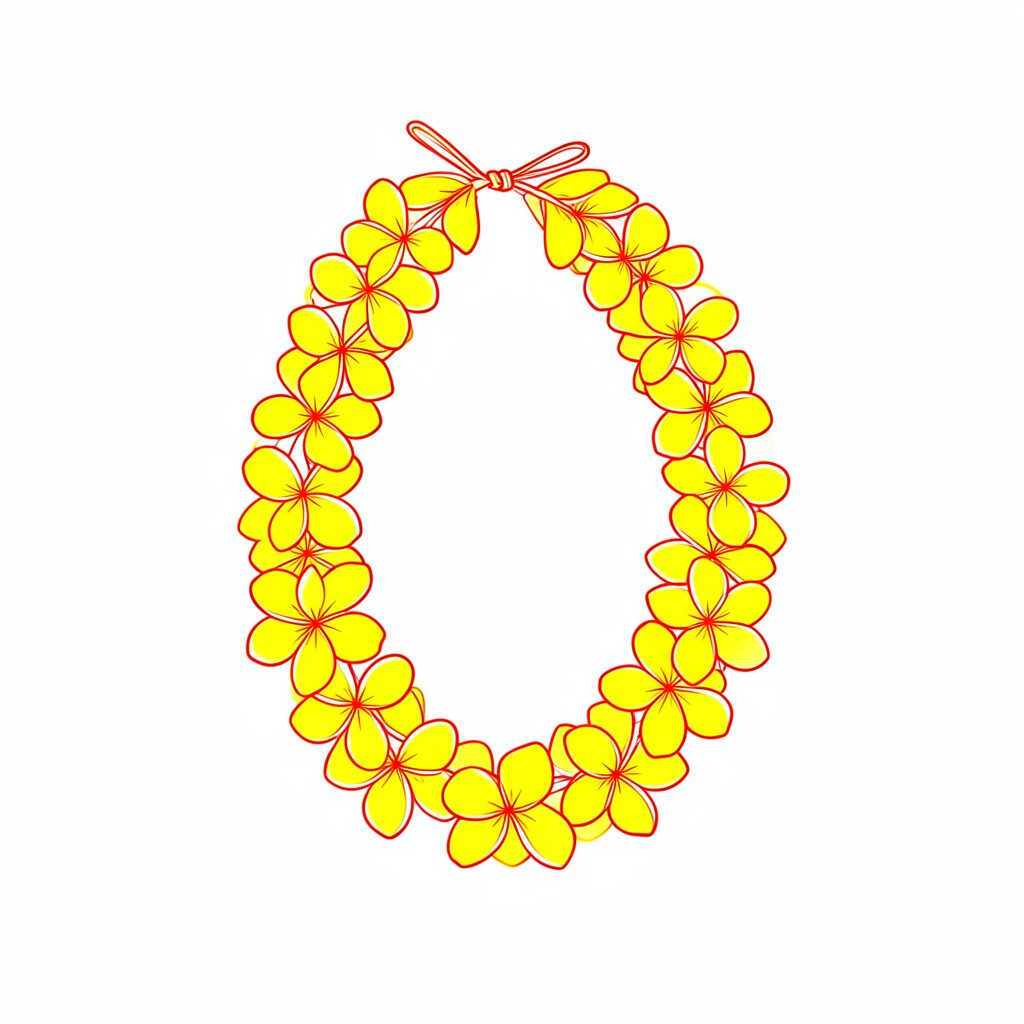 A warm tropical scene with plumeria flowers, palm fronds, and soft ocean blues blending into a golden sunset sky